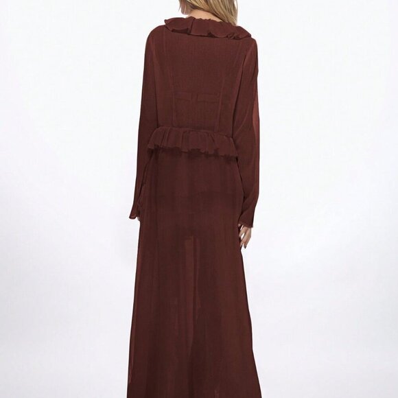 Chocolate Brown Sexy Women's Ruffle Longline Tie Front Top - Picture 2 of 5